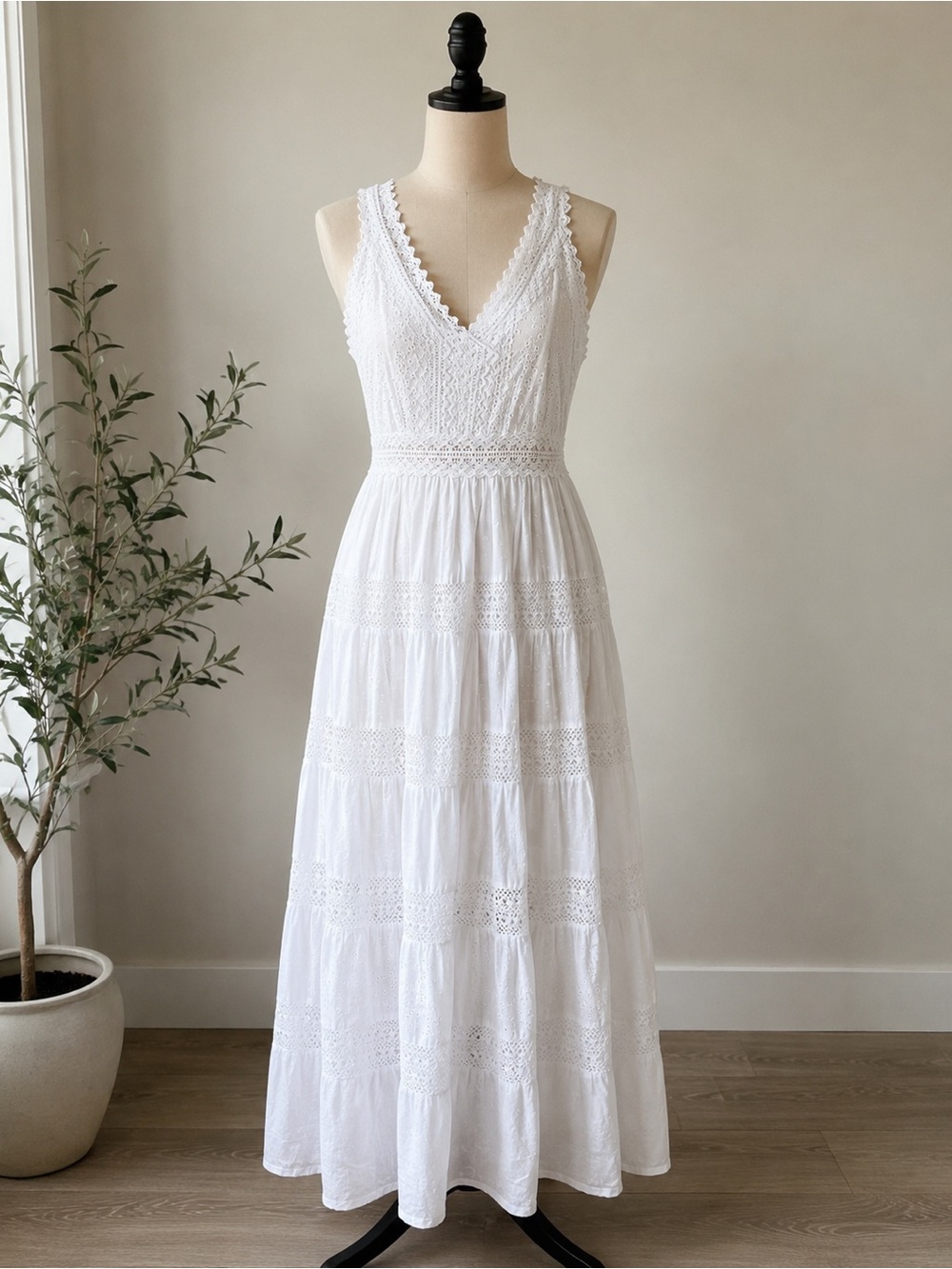 Ananta White Lace Trim V-Neck Maxi Dress